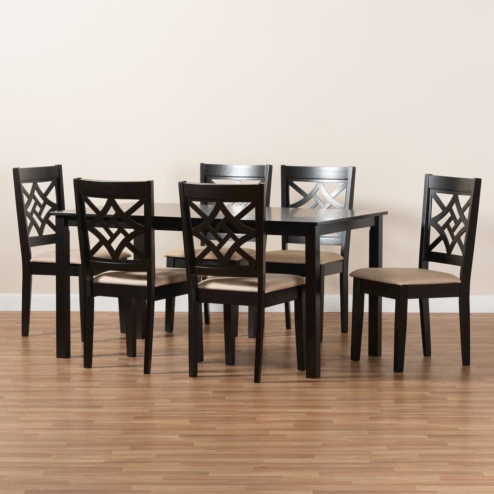 Sand Fabric Upholstered and Dark Brown Finished Wood 7-Piece Dining Set