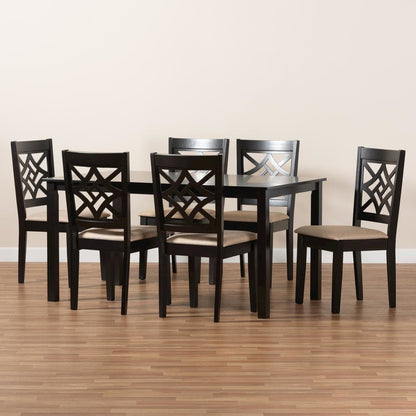 Sand Fabric Upholstered and Dark Brown Finished Wood 7-Piece Dining Set