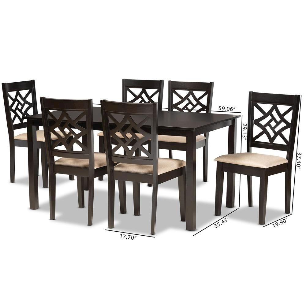 Sand Fabric Upholstered and Dark Brown Finished Wood 7-Piece Dining Set