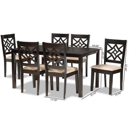Sand Fabric Upholstered and Dark Brown Finished Wood 7-Piece Dining Set