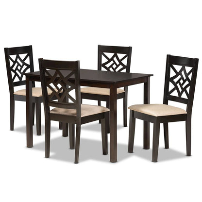 Sand Fabric Upholstered and Dark Brown Finished Wood 5-Piece Dining Set