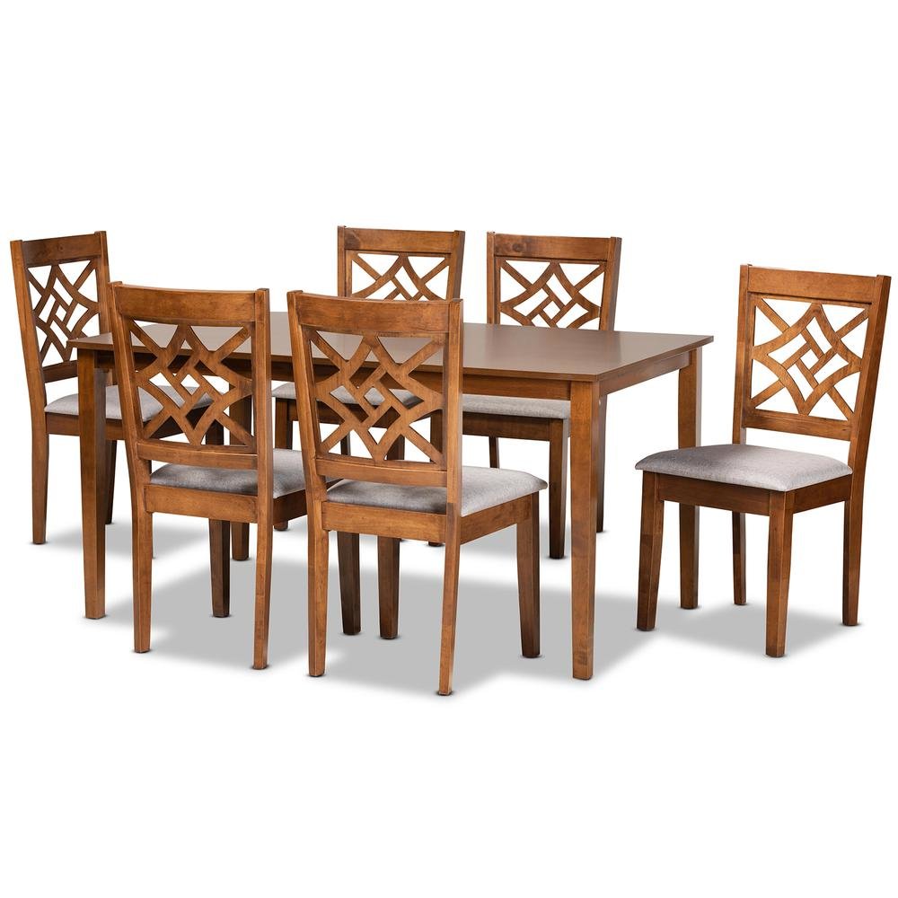 Grey Fabric Upholstered and Walnut Brown Finished Wood 7-Piece Dining Set