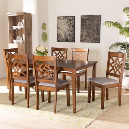 Grey Fabric Upholstered and Walnut Brown Finished Wood 7-Piece Dining Set