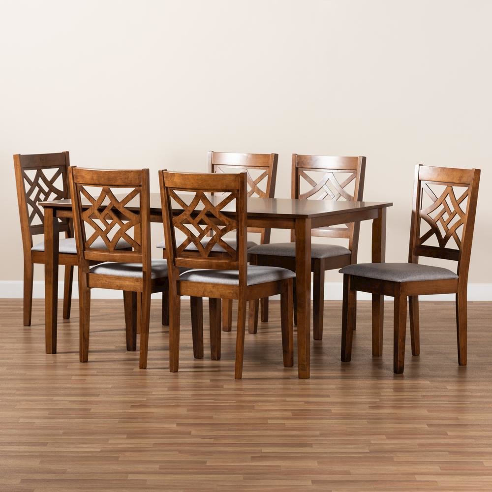 Grey Fabric Upholstered and Walnut Brown Finished Wood 7-Piece Dining Set