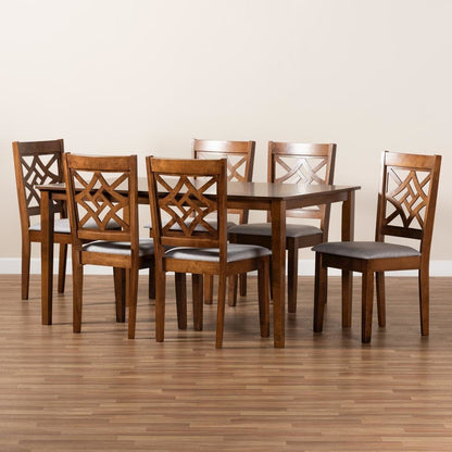 Grey Fabric Upholstered and Walnut Brown Finished Wood 7-Piece Dining Set