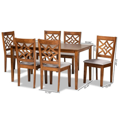 Grey Fabric Upholstered and Walnut Brown Finished Wood 7-Piece Dining Set