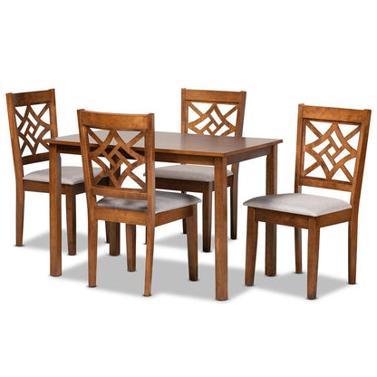 Grey Fabric Upholstered and Walnut Brown Finished Wood 5-Piece Dining Set
