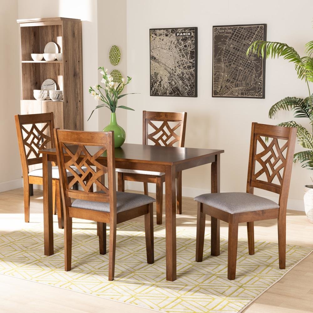 Grey Fabric Upholstered and Walnut Brown Finished Wood 5-Piece Dining Set
