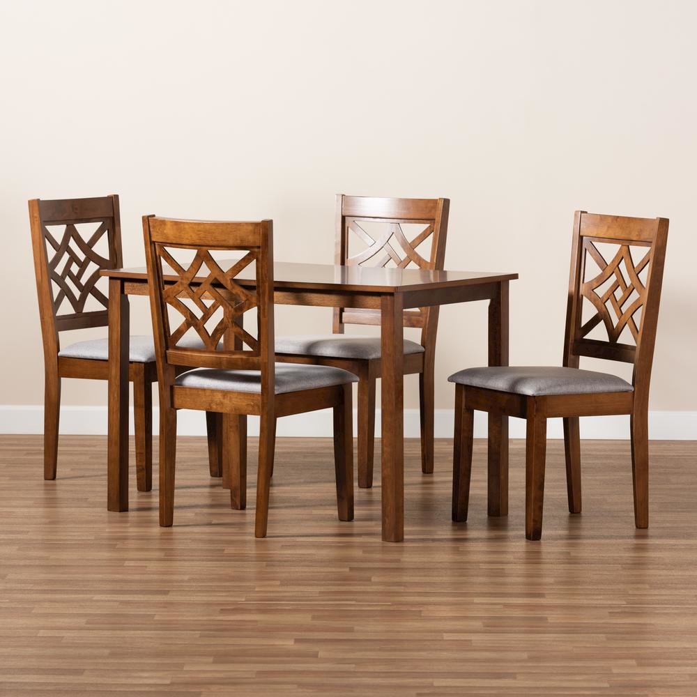Grey Fabric Upholstered and Walnut Brown Finished Wood 5-Piece Dining Set