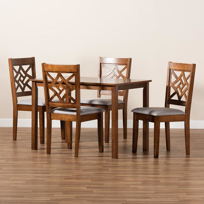 Grey Fabric Upholstered and Walnut Brown Finished Wood 5-Piece Dining Set
