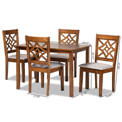 Grey Fabric Upholstered and Walnut Brown Finished Wood 5-Piece Dining Set