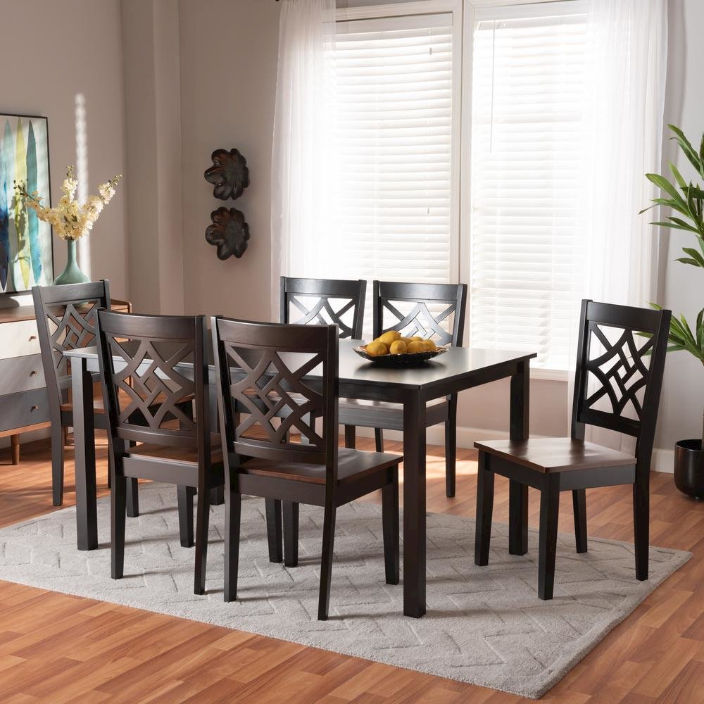 Two-Tone Dark Brown and Walnut Brown Finished Wood 7-Piece Dining Set