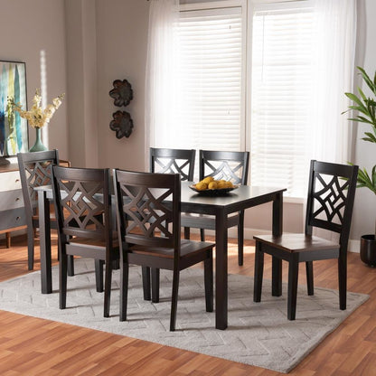 Two-Tone Dark Brown and Walnut Brown Finished Wood 7-Piece Dining Set