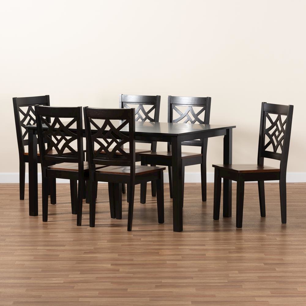 Two-Tone Dark Brown and Walnut Brown Finished Wood 7-Piece Dining Set