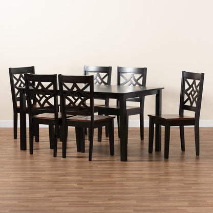 Two-Tone Dark Brown and Walnut Brown Finished Wood 7-Piece Dining Set