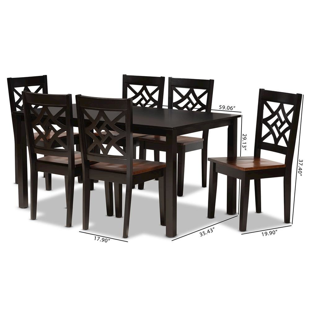 Two-Tone Dark Brown and Walnut Brown Finished Wood 7-Piece Dining Set