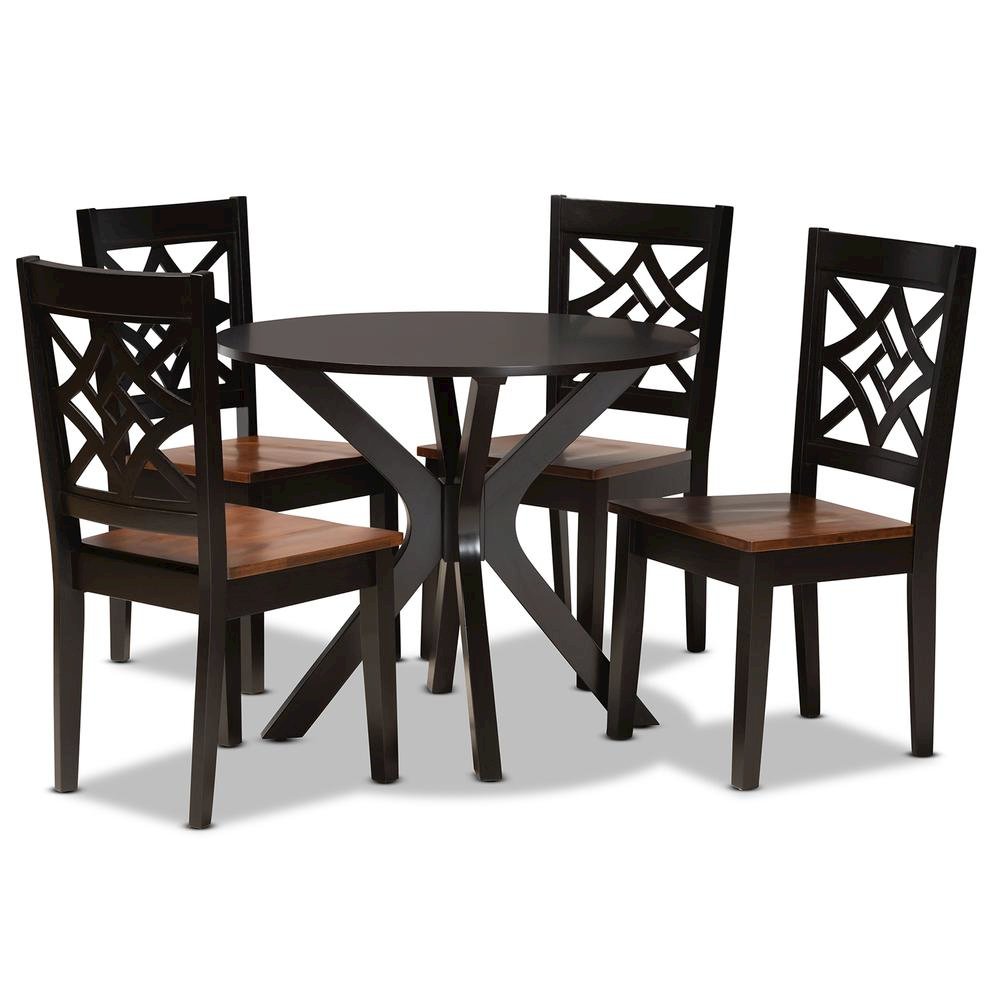 Two-Tone Dark Brown and Walnut Brown Finished Wood 5-Piece Dining Set