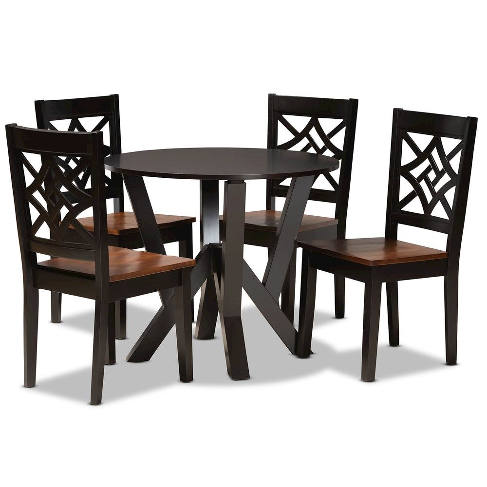 Two-Tone Dark Brown and Walnut Brown Finished Wood 5-Piece Dining Set