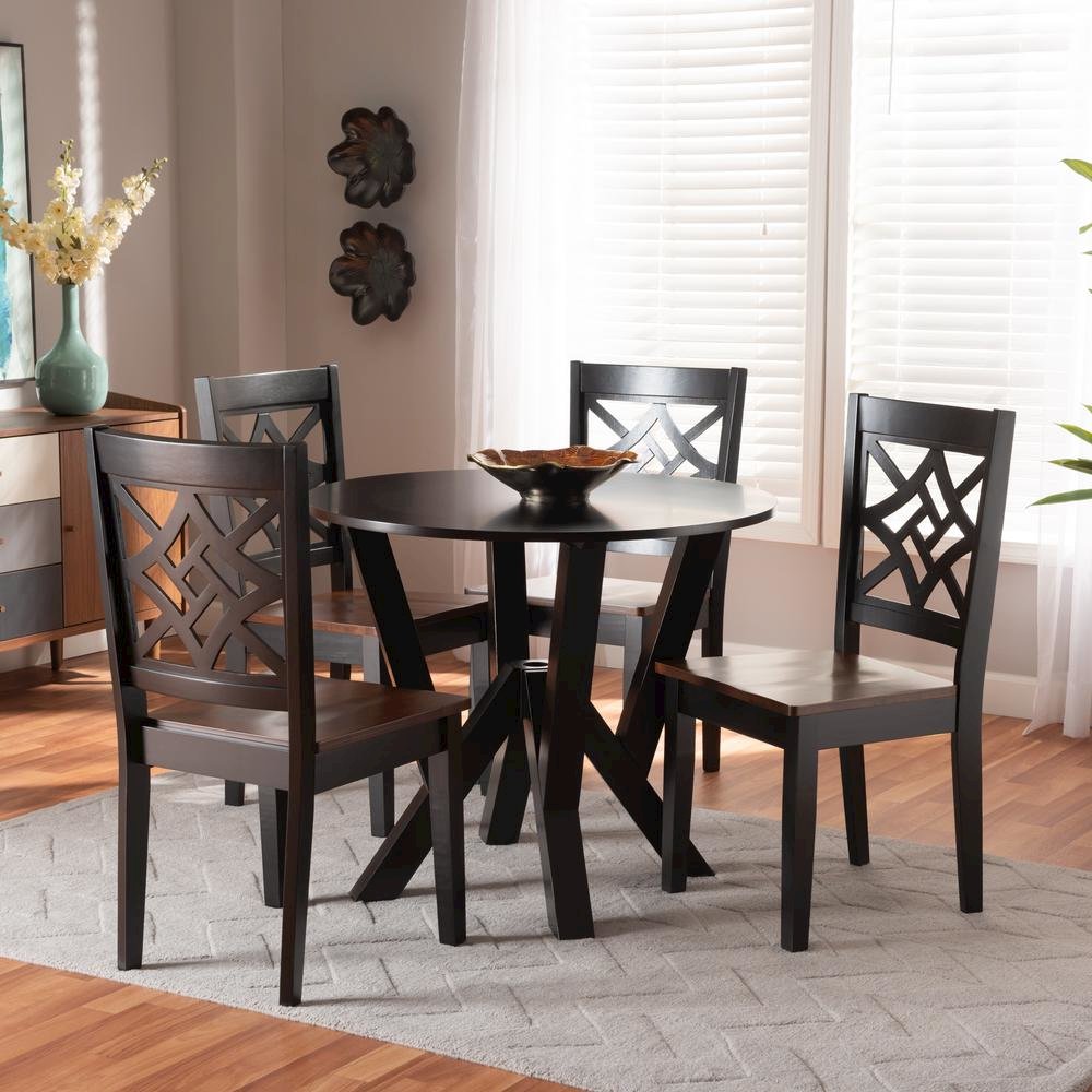 Two-Tone Dark Brown and Walnut Brown Finished Wood 5-Piece Dining Set