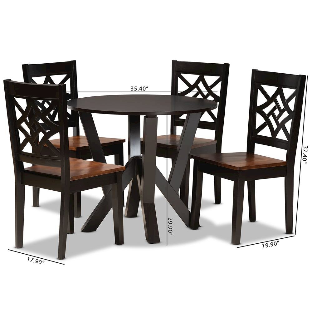 Two-Tone Dark Brown and Walnut Brown Finished Wood 5-Piece Dining Set