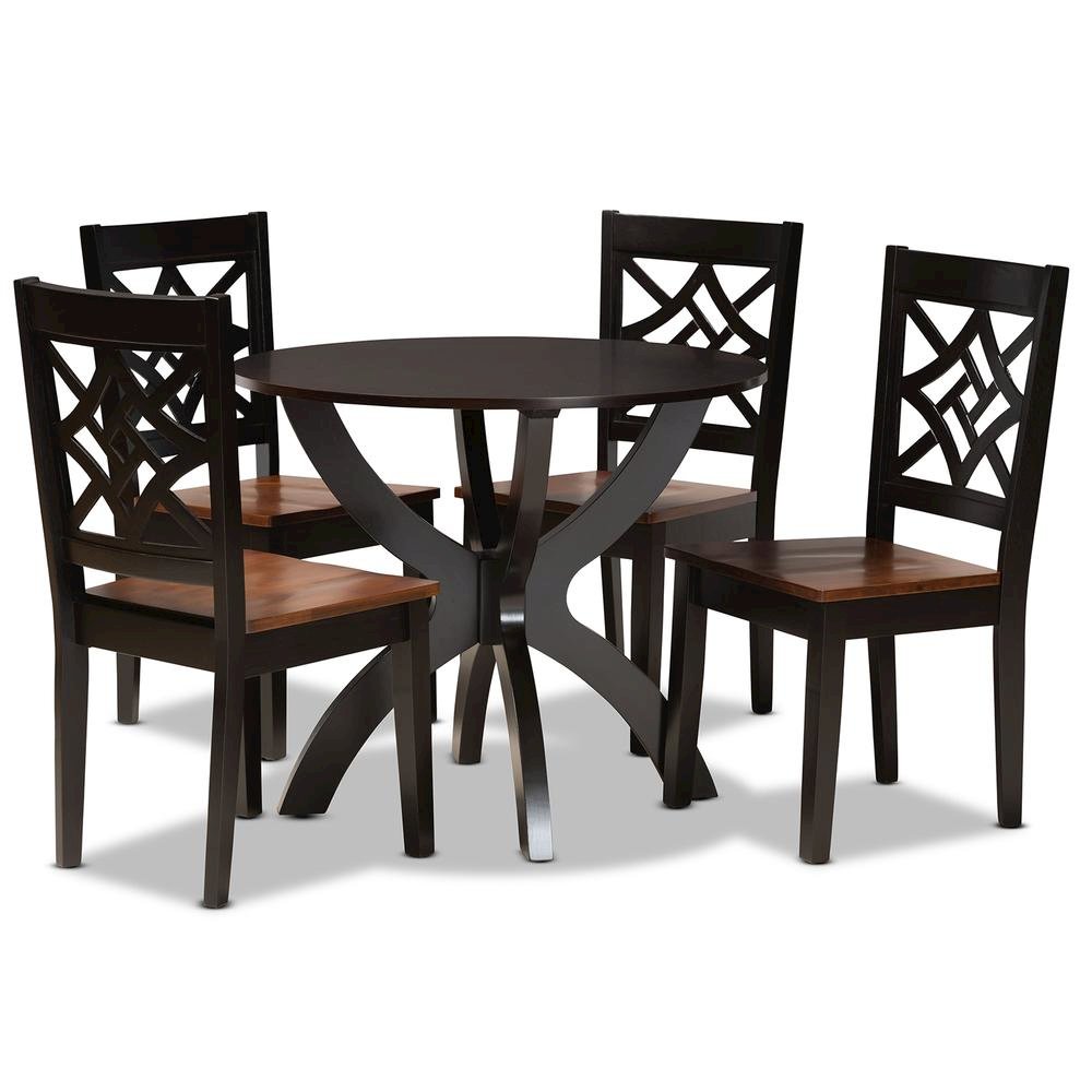 Two-Tone Dark Brown and Walnut Brown Finished Wood 5-Piece Dining Set