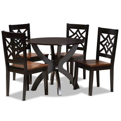 Two-Tone Dark Brown and Walnut Brown Finished Wood 5-Piece Dining Set