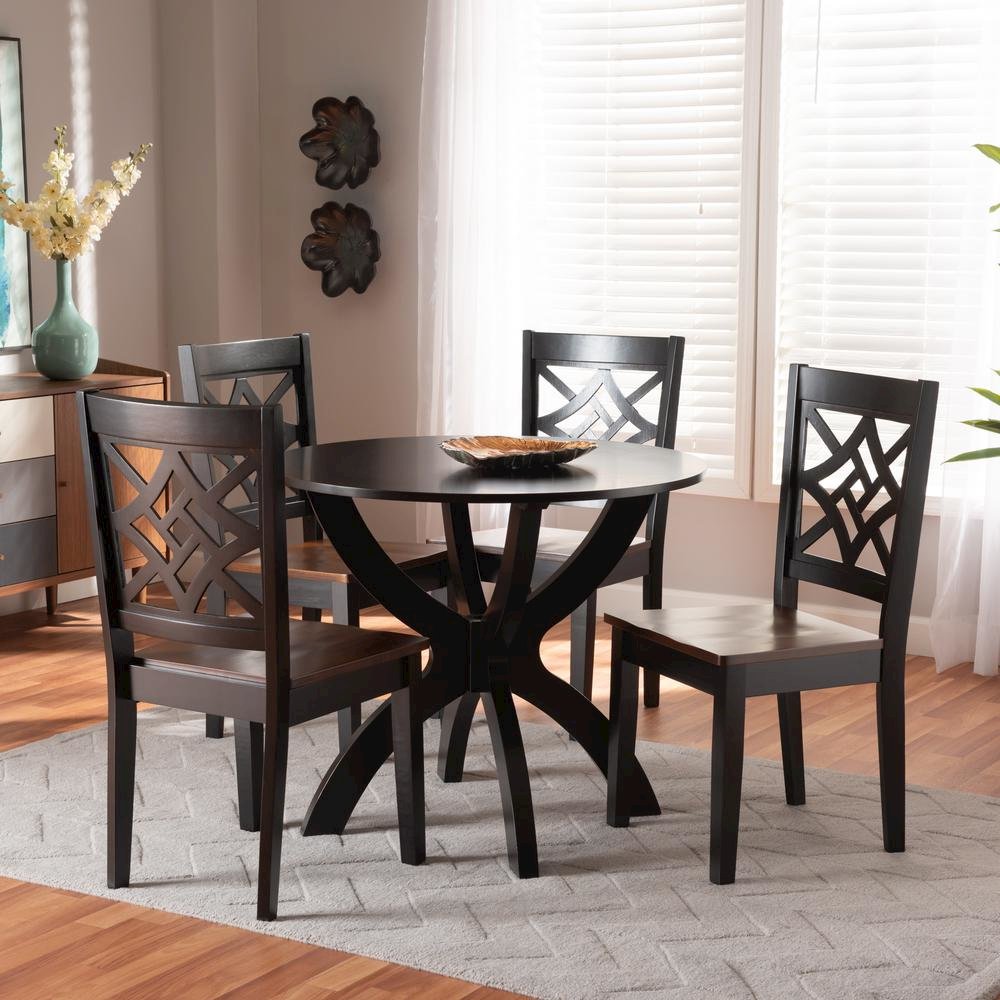 Two-Tone Dark Brown and Walnut Brown Finished Wood 5-Piece Dining Set