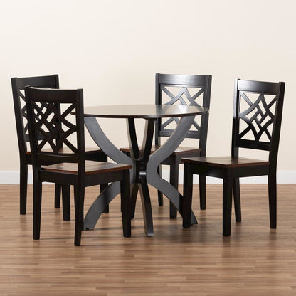 Two-Tone Dark Brown and Walnut Brown Finished Wood 5-Piece Dining Set