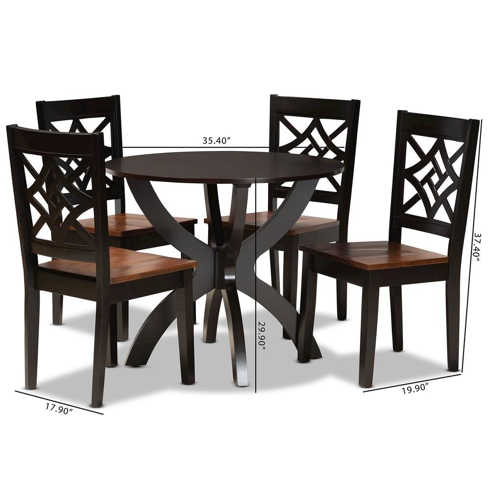 Two-Tone Dark Brown and Walnut Brown Finished Wood 5-Piece Dining Set