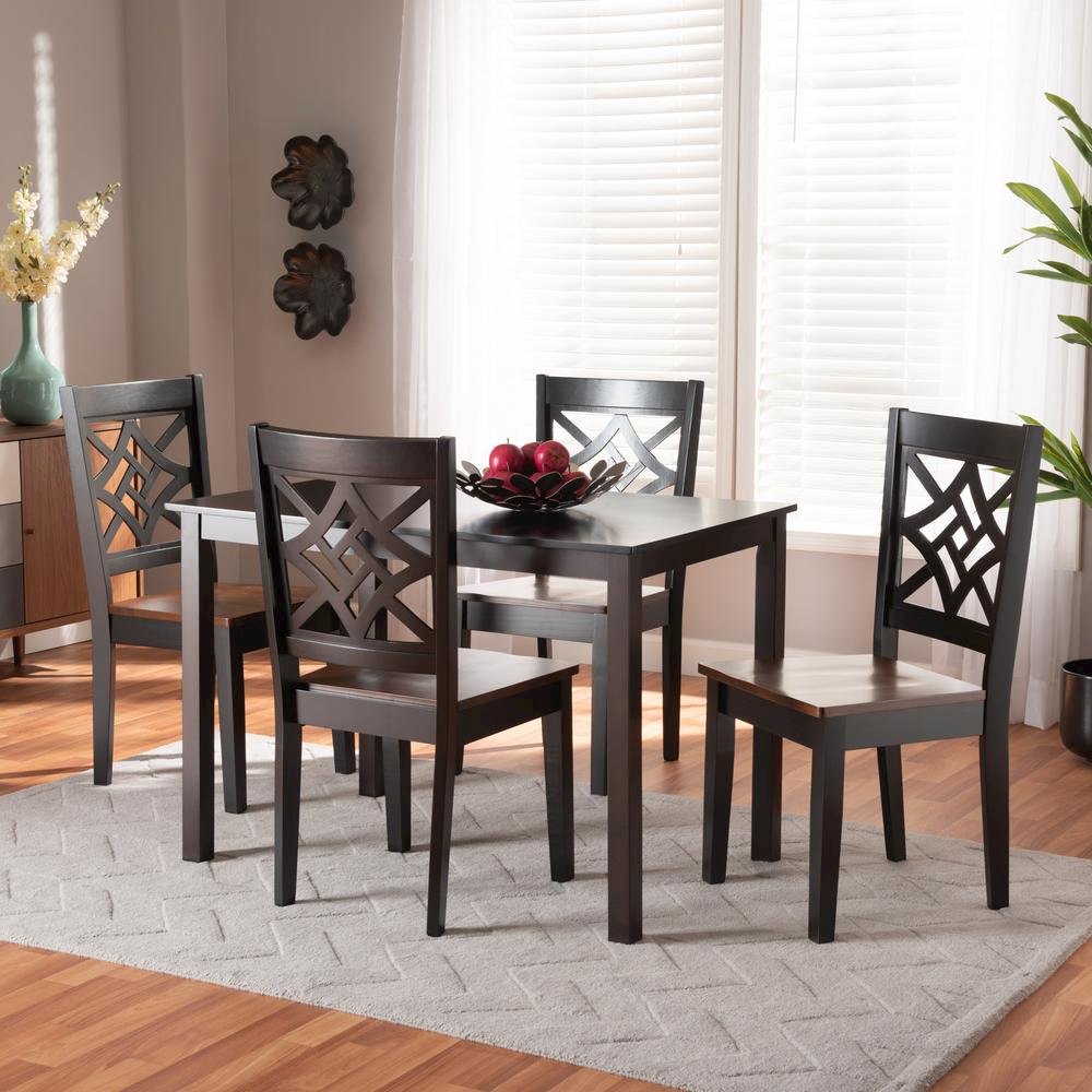 Two-Tone Dark Brown and Walnut Brown Finished Wood 5-Piece Dining Set