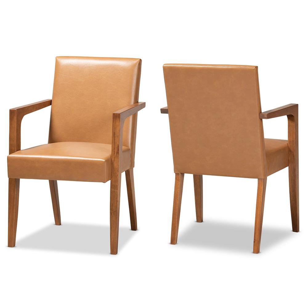 Leather Upholstered and Walnut Brown Finished Wood 2-Piece Armchair Set