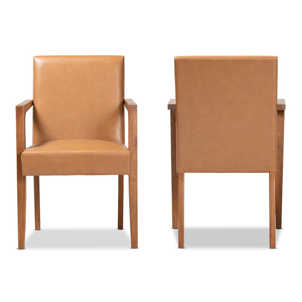 Leather Upholstered and Walnut Brown Finished Wood 2-Piece Armchair Set