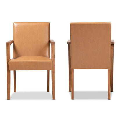 Leather Upholstered and Walnut Brown Finished Wood 2-Piece Armchair Set