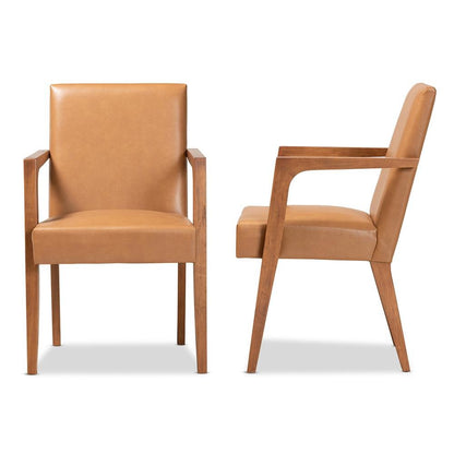 Leather Upholstered and Walnut Brown Finished Wood 2-Piece Armchair Set