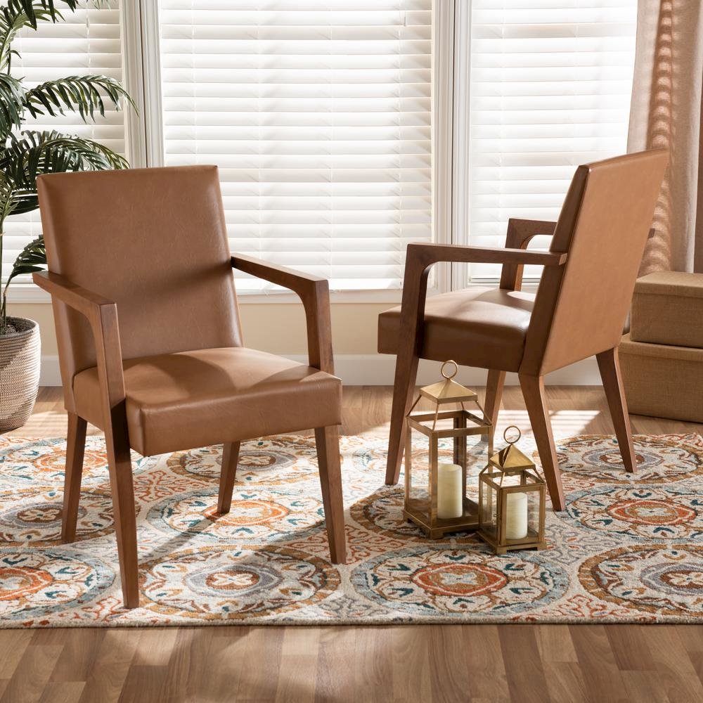 Leather Upholstered and Walnut Brown Finished Wood 2-Piece Armchair Set