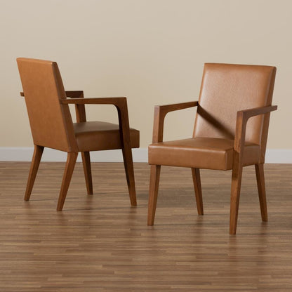Leather Upholstered and Walnut Brown Finished Wood 2-Piece Armchair Set