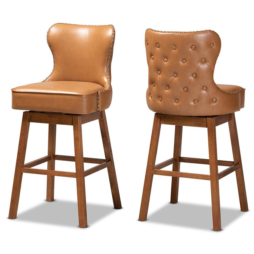 Leather Upholstered and Walnut Brown Finished Wood 2-Piece Swivel Bar Stool Set