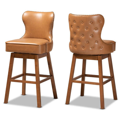Leather Upholstered and Walnut Brown Finished Wood 2-Piece Swivel Bar Stool Set