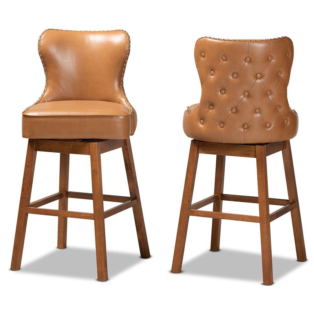 Leather Upholstered and Walnut Brown Finished Wood 2-Piece Swivel Bar Stool Set