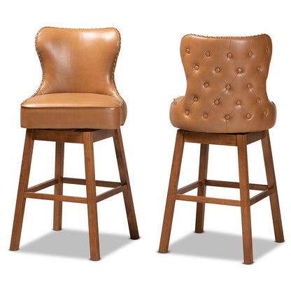 Leather Upholstered and Walnut Brown Finished Wood 2-Piece Swivel Bar Stool Set