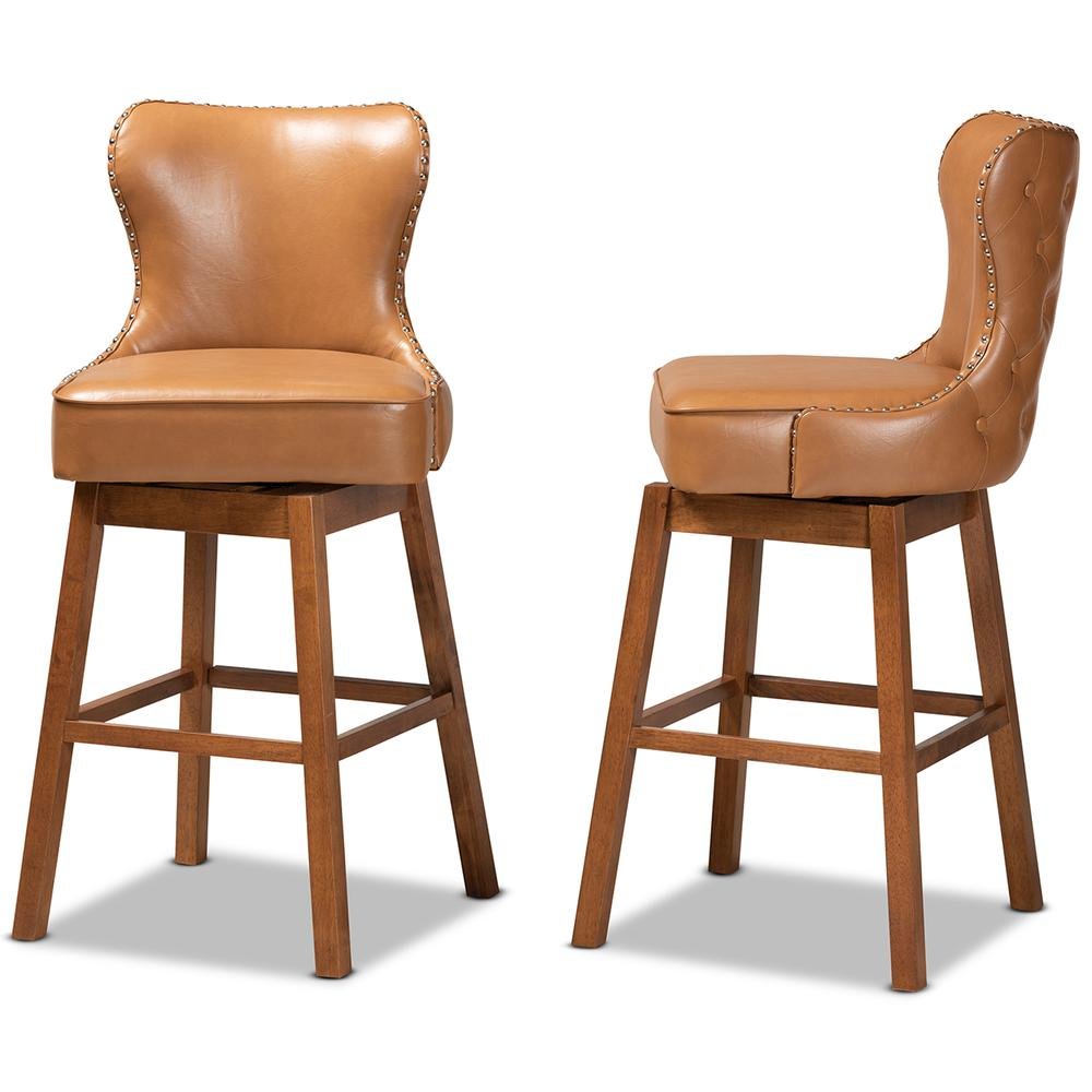 Leather Upholstered and Walnut Brown Finished Wood 2-Piece Swivel Bar Stool Set