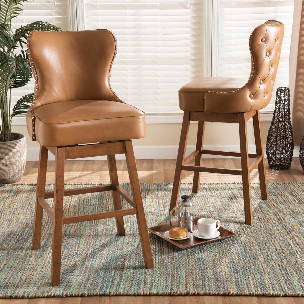 Leather Upholstered and Walnut Brown Finished Wood 2-Piece Swivel Bar Stool Set