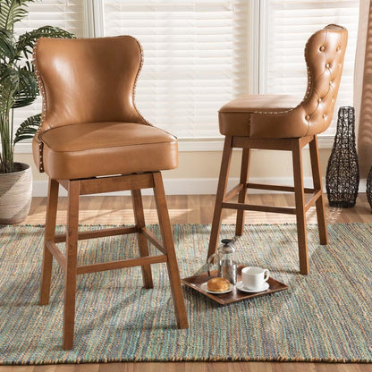 Leather Upholstered and Walnut Brown Finished Wood 2-Piece Swivel Bar Stool Set
