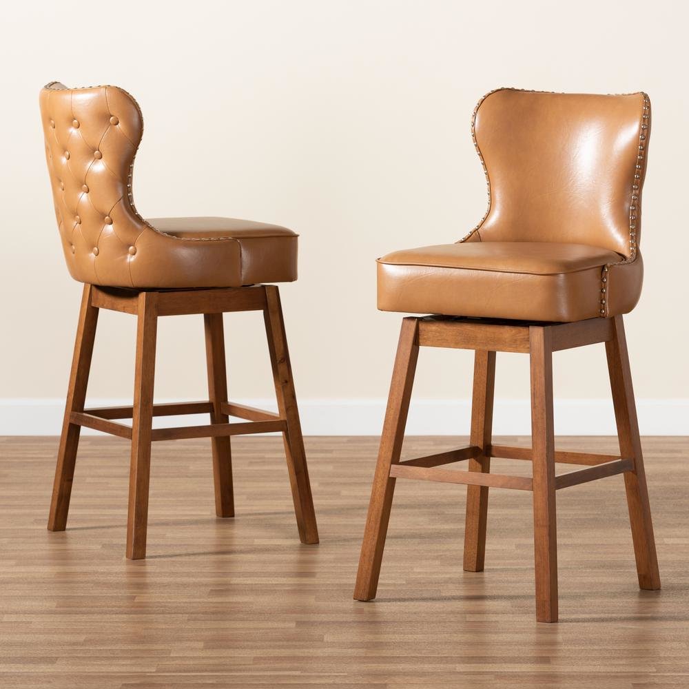 Leather Upholstered and Walnut Brown Finished Wood 2-Piece Swivel Bar Stool Set