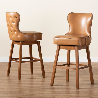 Leather Upholstered and Walnut Brown Finished Wood 2-Piece Swivel Bar Stool Set