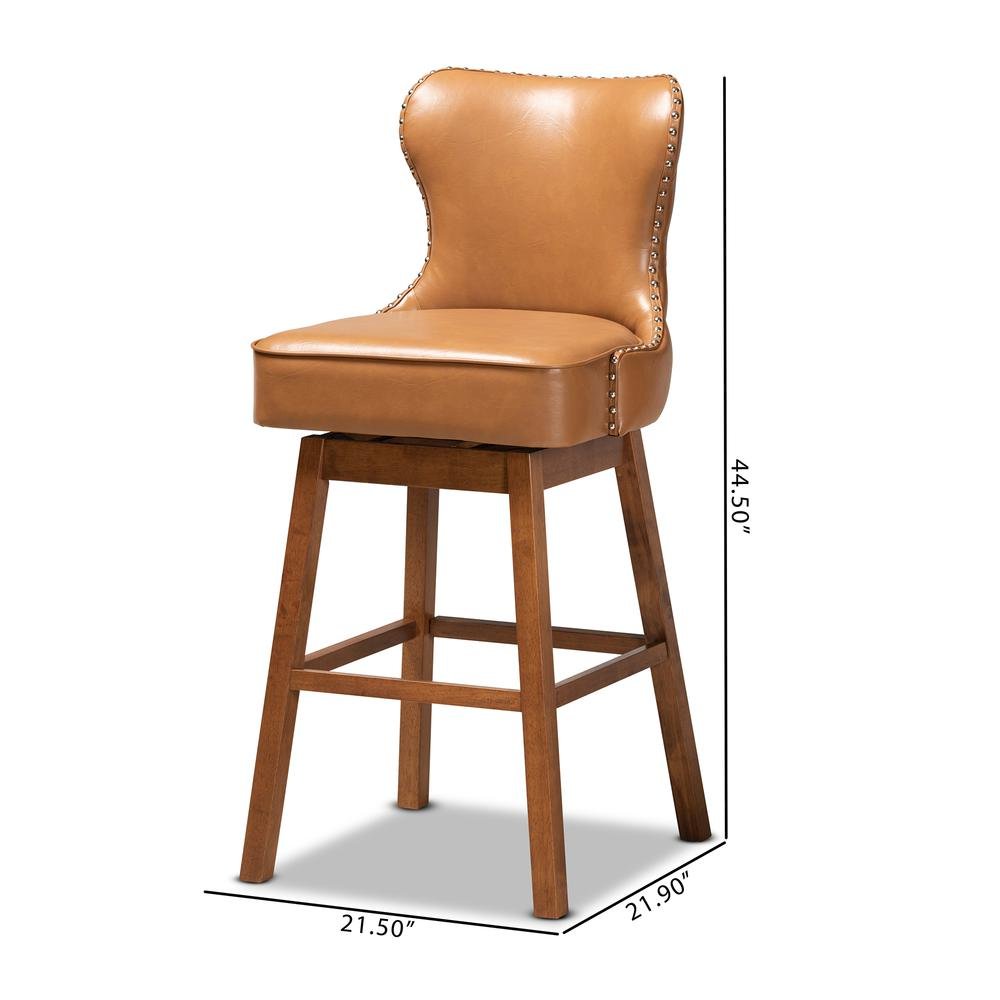 Leather Upholstered and Walnut Brown Finished Wood 2-Piece Swivel Bar Stool Set