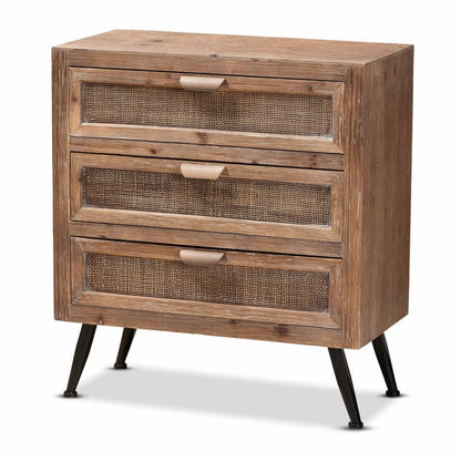 Whitewashed Natural Brown Finished Wood and Rattan 3-Drawer Storage Cabinet