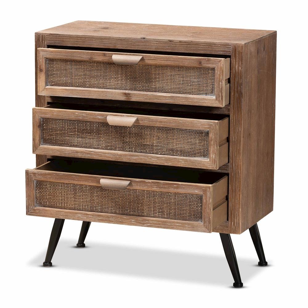 Whitewashed Natural Brown Finished Wood and Rattan 3-Drawer Storage Cabinet