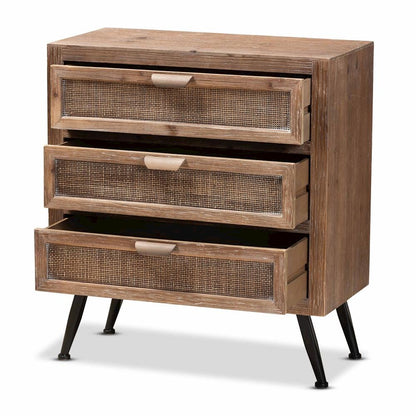 Whitewashed Natural Brown Finished Wood and Rattan 3-Drawer Storage Cabinet