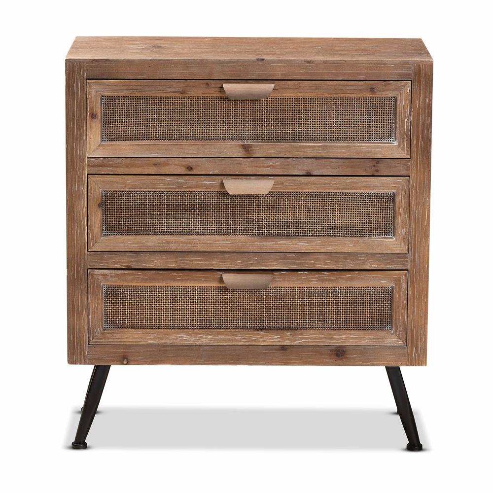 Whitewashed Natural Brown Finished Wood and Rattan 3-Drawer Storage Cabinet